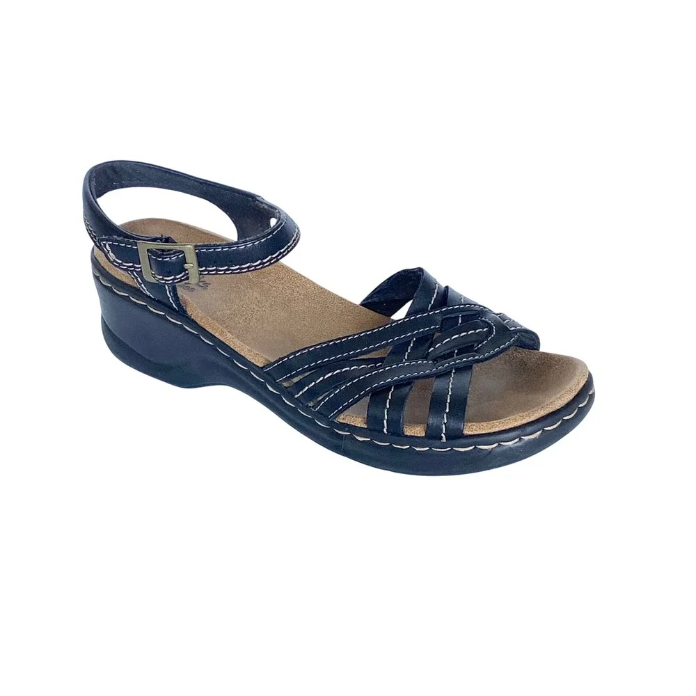 Clarks Bendables Black Leather Wedge Sandals Strappy Comfort 60233 Womens 7.5M